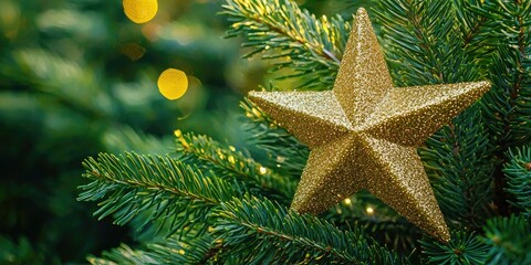 A golden star ornament hanging from a Christmas tree branch with green needles, surrounded by blurred yellow lights and a green background.