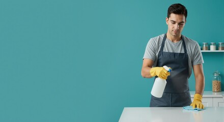 Man in an apron and gloves cleaning a white countertop. Professional housekeeping and domestic chore concept. Banner with copy space for text