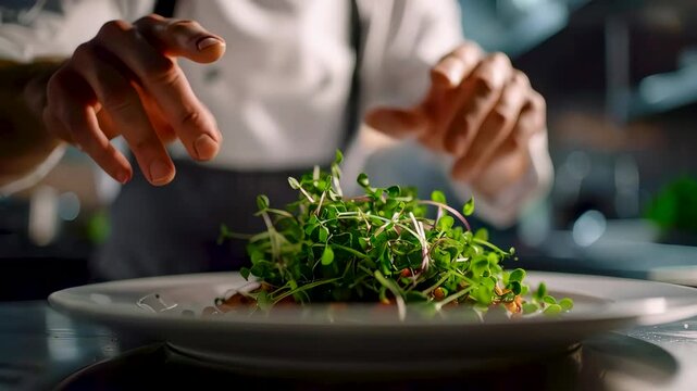 Manos de un chef decorando cuidadosamente un plato con brotes verdes en una cocina profesional