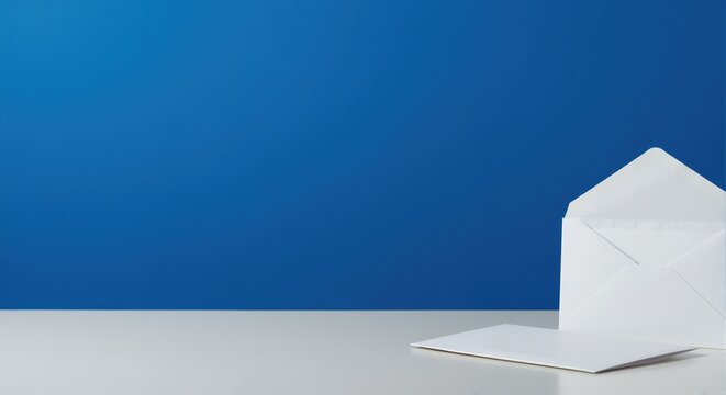 A blank white envelope and card on a desk against a solid blue background. Minimalist mail, communication, and invitation concept with copy space
