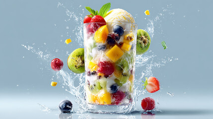 Refreshing glass of fresh fruit ice topped with creamy ice cream, vibrant fruits like berries, mango, and kiwi, realistic food photography, bright lighting, clean background