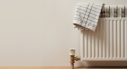 A modern white central heating radiator with a towel drying on it. Home heating, energy saving, and utility cost concept. Interior background with copy space