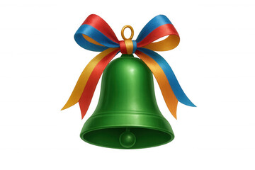 Green celebration bell with colorful ribbon bow, symbolizing festivity, event, holiday, and announcing joy