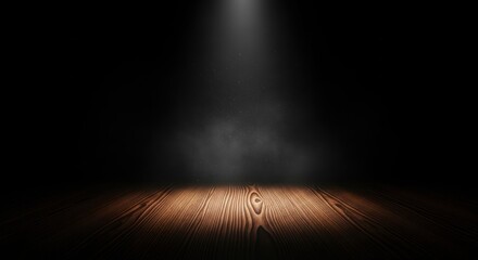 Empty Wooden Stage with Dramatic Spotlight and Atmospheric Dust - Perfect for Product Display, Presentation, or Cinematic Background