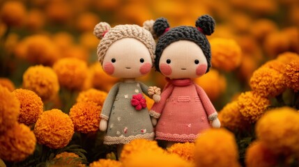 Two adorable dolls stand among vibrant marigold flowers, showcasing cute designs and warm colors in a cheerful, playful setting.