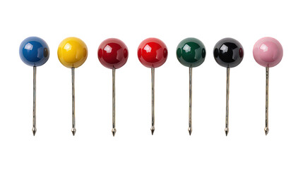 Colorful Spherical Objects on Thin Metal Pins Against Black Background