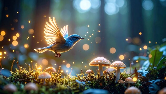 A mystical forest scene showcases a vibrant blue bird in flight, surrounded by glowing mushrooms and fairy lights, evoking a sense of wonder and magic.