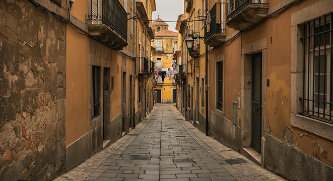 Narrow street scene with aged buildings and textured stone pathway daytime