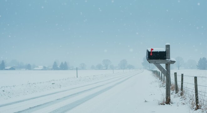 Rural winter landscape with a mailbox on a snowy country road. Cold and tranquil scene during a snowstorm with copy space - Powered by Adobe