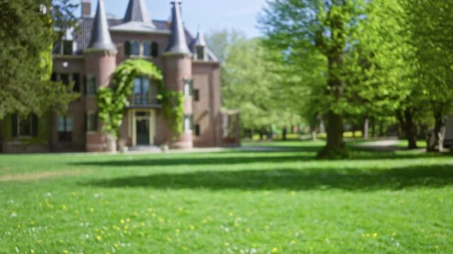 Defocused garden scene with blurred castle background under clear blue sky with lush green grass and trees surrounding historic building in daytime bokeh effect.