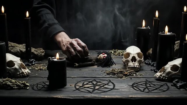 hand stabbing voodoo doll with pin dark ritual