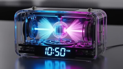 Futuristic alarm clock with plasma globe emitting colorful lights, showcasing technology and design - Powered by Adobe