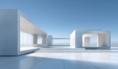 A modern minimalist building with large glass windows, set under a clear blue sky, showcasing clean lines and open space.
