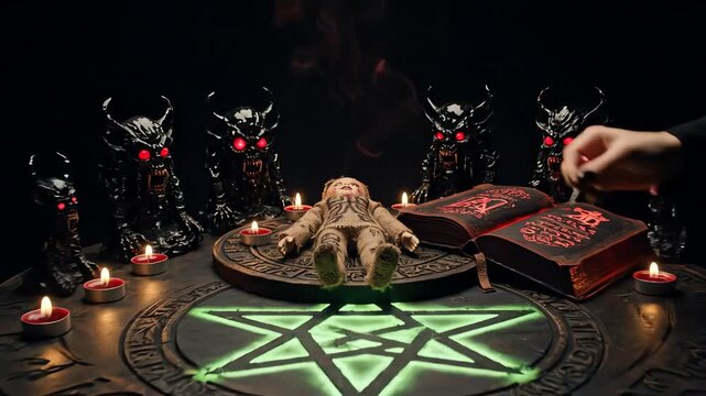hand stabbing voodoo doll during dark ritual ceremony