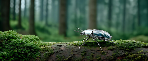 Vibrant Green Macro Photography of a Shiny Furry Beetle in a Mystical Woodland Ecosystem - A Detailed Exploration of Forest Insect Wildlife and Biodiversity in Rural Spring