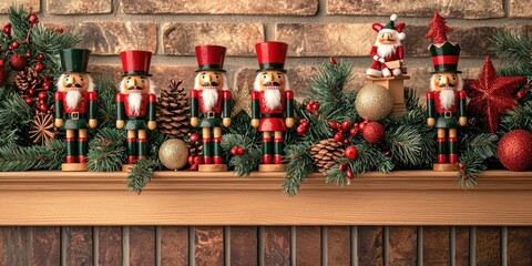 A festive Christmas mantel with a wooden shelf, decorated with green garland, red berries, pine cones, and a variety of nutcracker figurines.