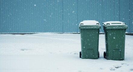 Two green trash bins in the snow during a winter snowfall. Cold weather scene with garbage cans against a blue wall. Copy space for text