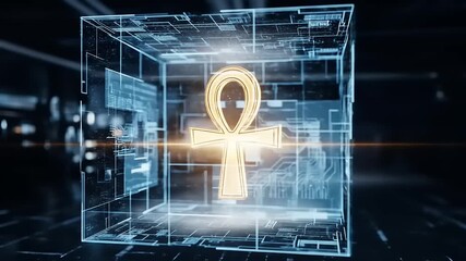 Futuristic Technology - Digital Cross and Ankh Symbol in a Wireframe Cube. - Powered by Adobe