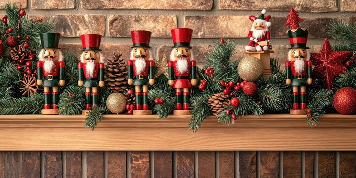 A festive Christmas mantel with a wooden shelf, decorated with green garland, red berries, pine cones, and a variety of nutcracker figurines. - Powered by Adobe