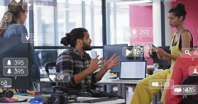 man starting explanation on KPIs with team watching animated marketing metrics growing around group