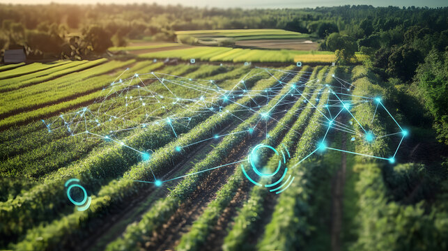 Aerial view of a vineyard with digital network overlay showing smart agriculture technology use case