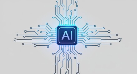 Futuristic AI Processor Unit with Glowing Blue Circuitry on a Light Grey Background, Representing Advanced Computing