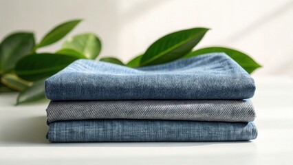 Folded Recycled Denim Fabric Stack on Table with Green Leaves