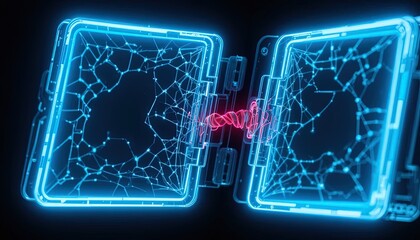 Futuristic digital connection between two glowing screens with network lines, representing data transfer, innovation, and technology