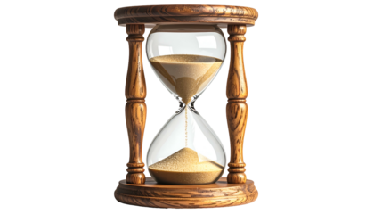 Wooden hourglass with sand flowing. Time passage concept