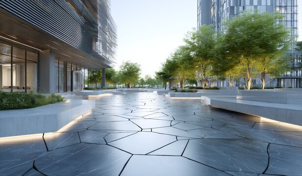 A modern urban square featuring contemporary buildings, green trees, and a geometric patterned pavement with ambient lighting. - Powered by Adobe