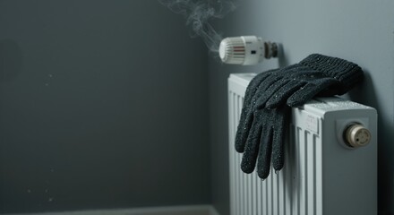 Wet gloves drying on a hot steaming radiator. Winter heating and the energy cost crisis. Moody indoor scene with copy space for text