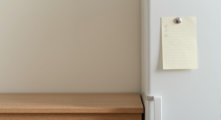 Completed checklist on a refrigerator door with a magnet. To-do list and productivity concept. Minimal background with copy space