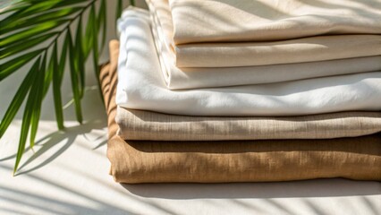 Elegant Flat Lay of Folded Linen Garments on White Surface
