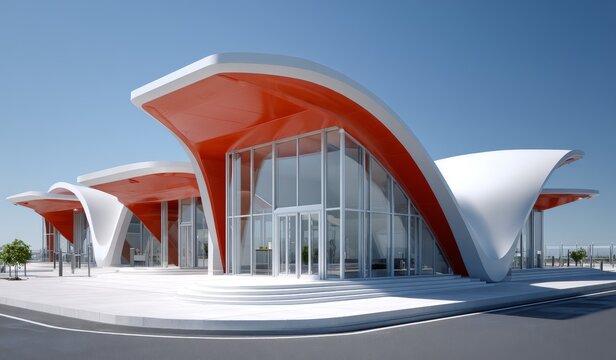 A modern building with unique curved roofs and large glass windows showcases contemporary architectural design. - Powered by Adobe