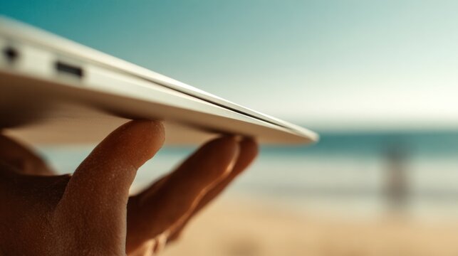 Laptop held outdoors