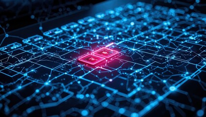 Dynamic digital circuit board with glowing nodes and vibrant lines showcasing modern technology and data processing