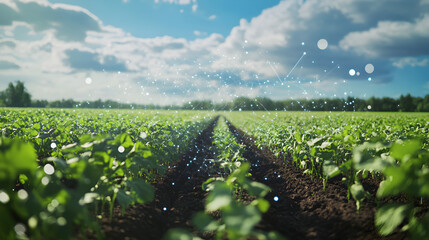 A field of green crops under a blue sky with white clouds and digital network overlaying the landscape
