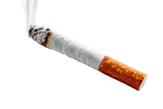 Smoked Cigarette with Ash and Smoke on Black Background