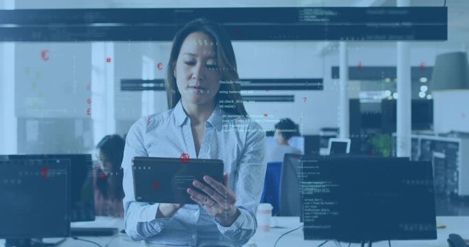 Software developer woman raising tablet and starting code overlays for data analysis in tech office