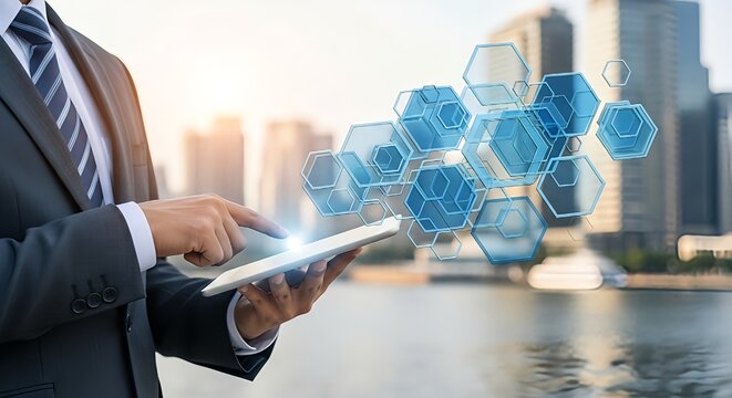 Modern businessman using tablet with futuristic interface for data analysis in a vibrant city setting to elevate your business