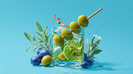 Surreal summer cocktail composition with olives on a skewer and a tiny miniature swimmer, artistic food and beverage branding concept