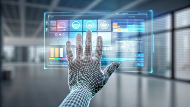 Wireframe hand interacting with futuristic holographic digital screen interface in a modern environment