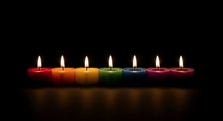 Vibrant rainbow heart candles glowing warmly against dark background symbolizing love, peace, and remembrance for celebrations