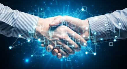 Closing deals with digital handshake symbolizing modern partnerships and technological innovation for a bright future of business connections