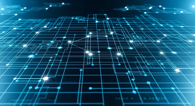Modern technology grid with glowing nodes creates a futuristic tech backdrop for innovation and connectivity themes in vibrant blue hues
