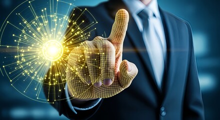 Modern businessman touching vibrant digital interface representing technology innovation and futuristic networking solutions visually stunning