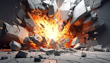 An intense, dynamic depiction of a wall shattering, revealing a fiery burst of light and energy amidst fractured debris