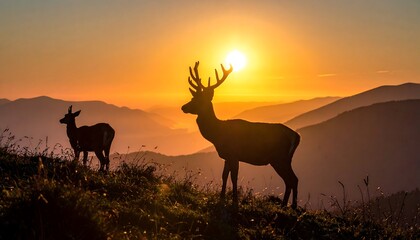 Majestic silhouette of two deer standing on a hillside. Sunset casts a golden glow, highlighting mountains