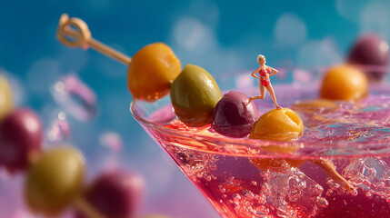 Surreal summer cocktail composition with olives on a skewer and a tiny miniature swimmer, artistic food and beverage branding concept