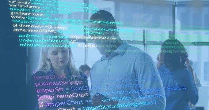 Pointing tablet screen initiating scrolling code overlay, man and woman collaborating on software